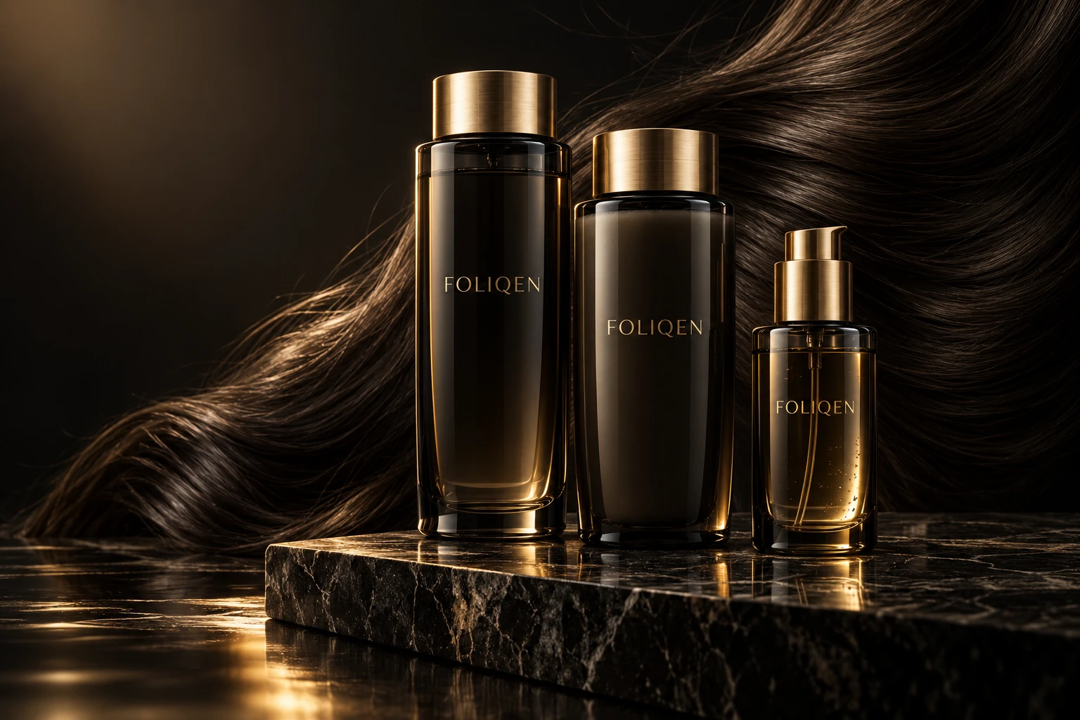 FOLIQEN conceptual black and gold haircare packaging
